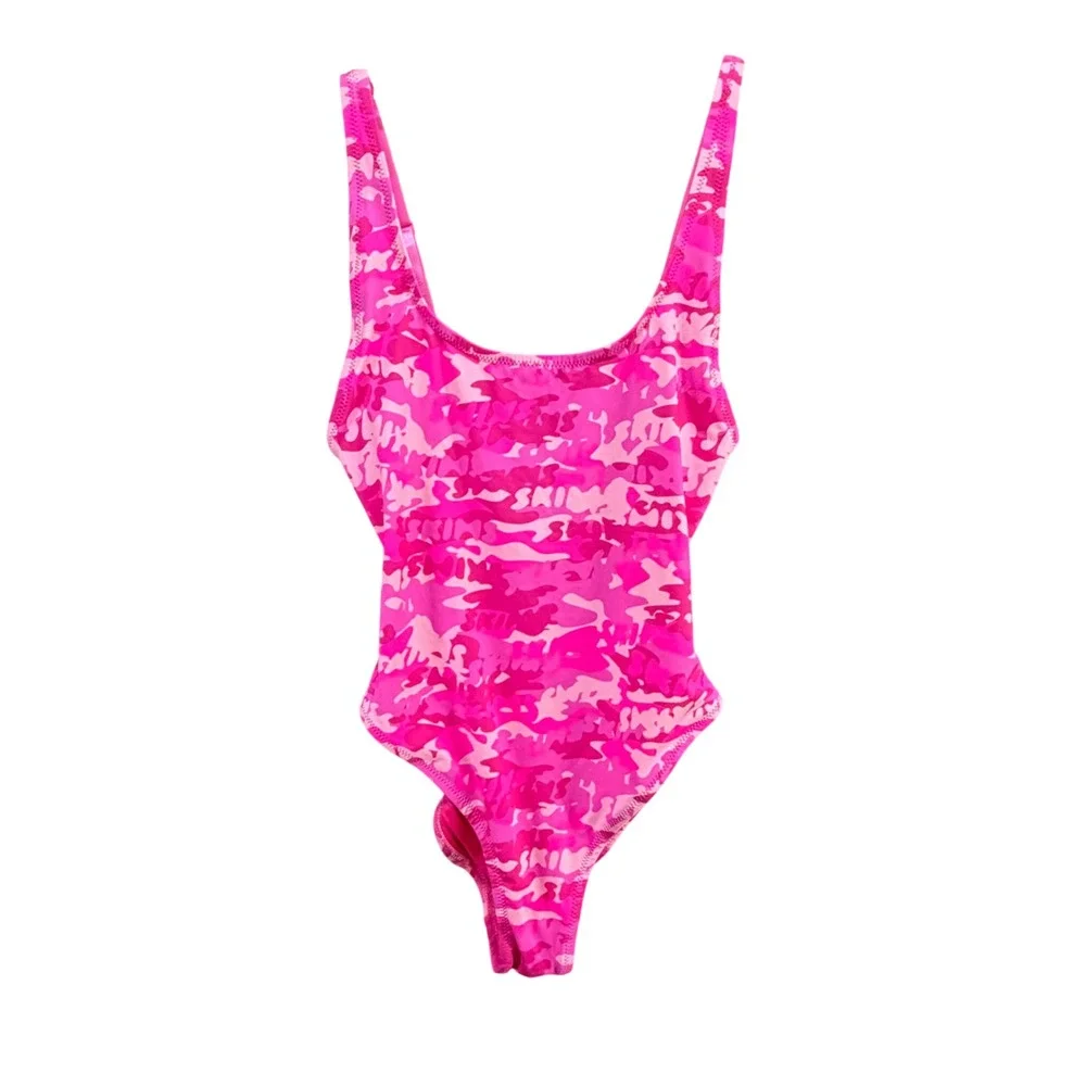 Skims Signature Swim Scoop Neck One Piece Womens S Pink Camo Monogram Swimsuit